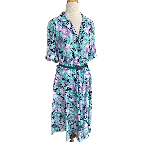 Vtg Sally III Green Purple Floral Midi Shirt Dress Rayon Sz 14 Cottage 80s - Picture 3 of 7